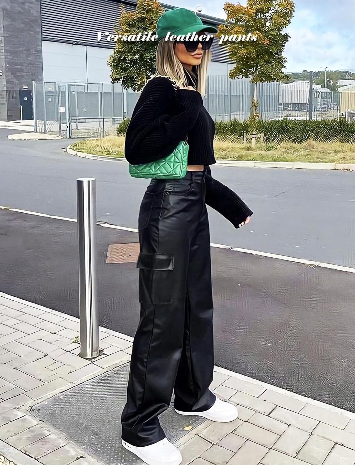 OZICERD Black Faux Leather Pants for Women High Waisted Flare Cargo Pants Y2k Straight Wide Leg Pleather Pants with Pockets - Image 5