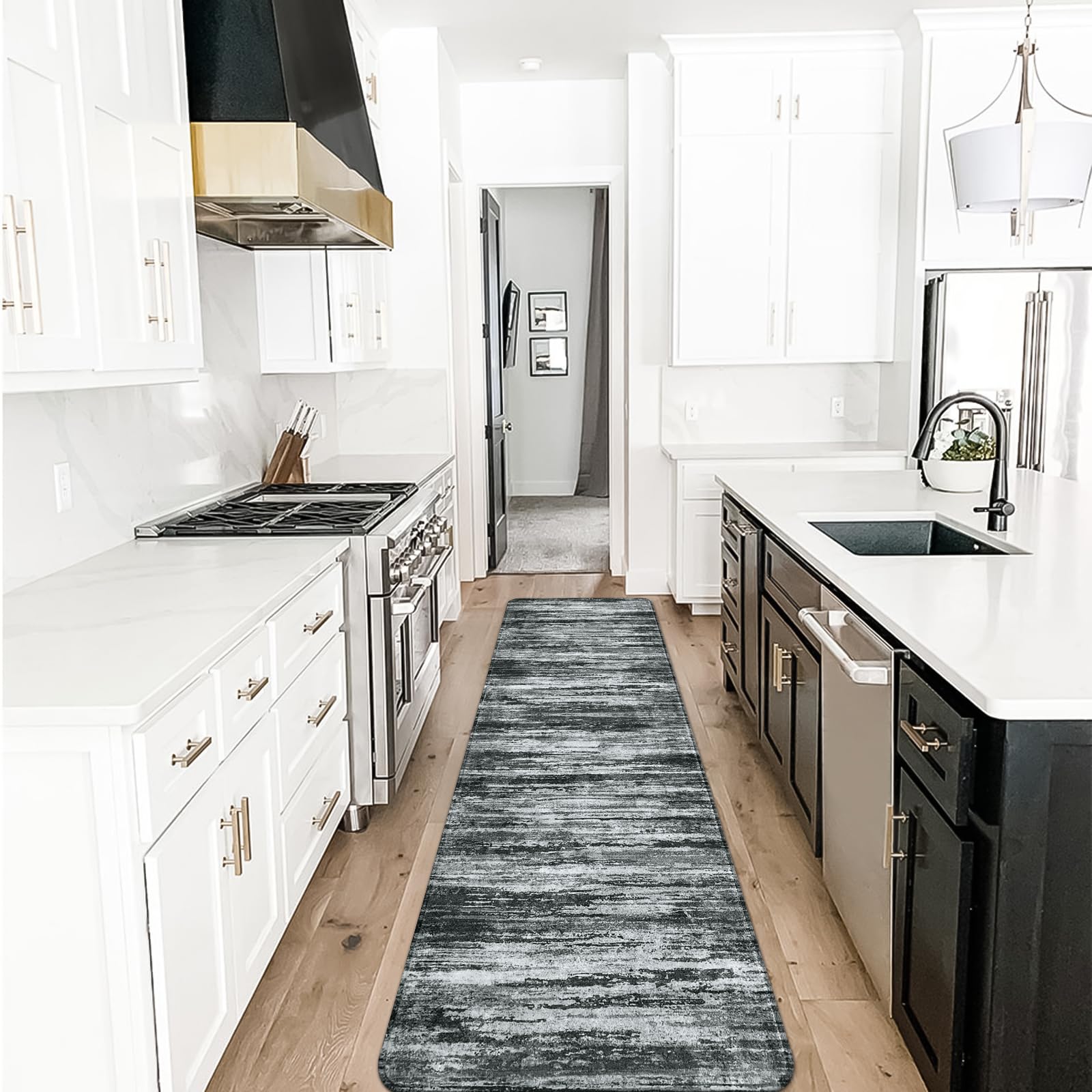 Lahome Modern Ombre Washable Kitchen Runner - 2x8 Stain Resistant Non-Slip Hallway Rug Runner Throw Soft Floor Runner, Grey Print Distressed Carpet Runner for Entryway Bathroom Laundry Room Foyer