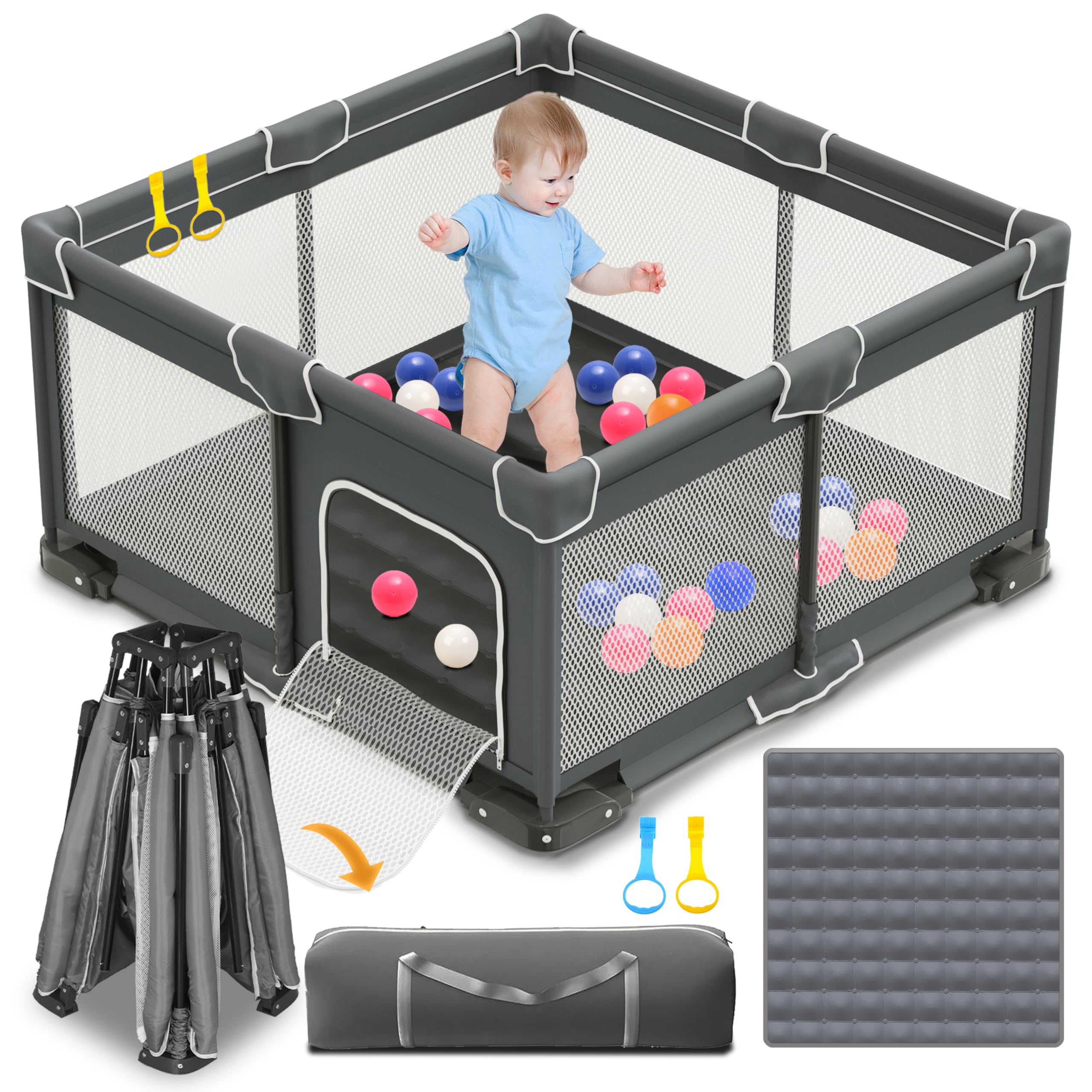Box Bambini Pieghevole con Materassino e Borsa da Trasporto, Recinto per Bambini 124 × 124 cm, Box Neonato con Montaggio Senza Attrezzi in 1 Minuto, Per Interni ed Esterni