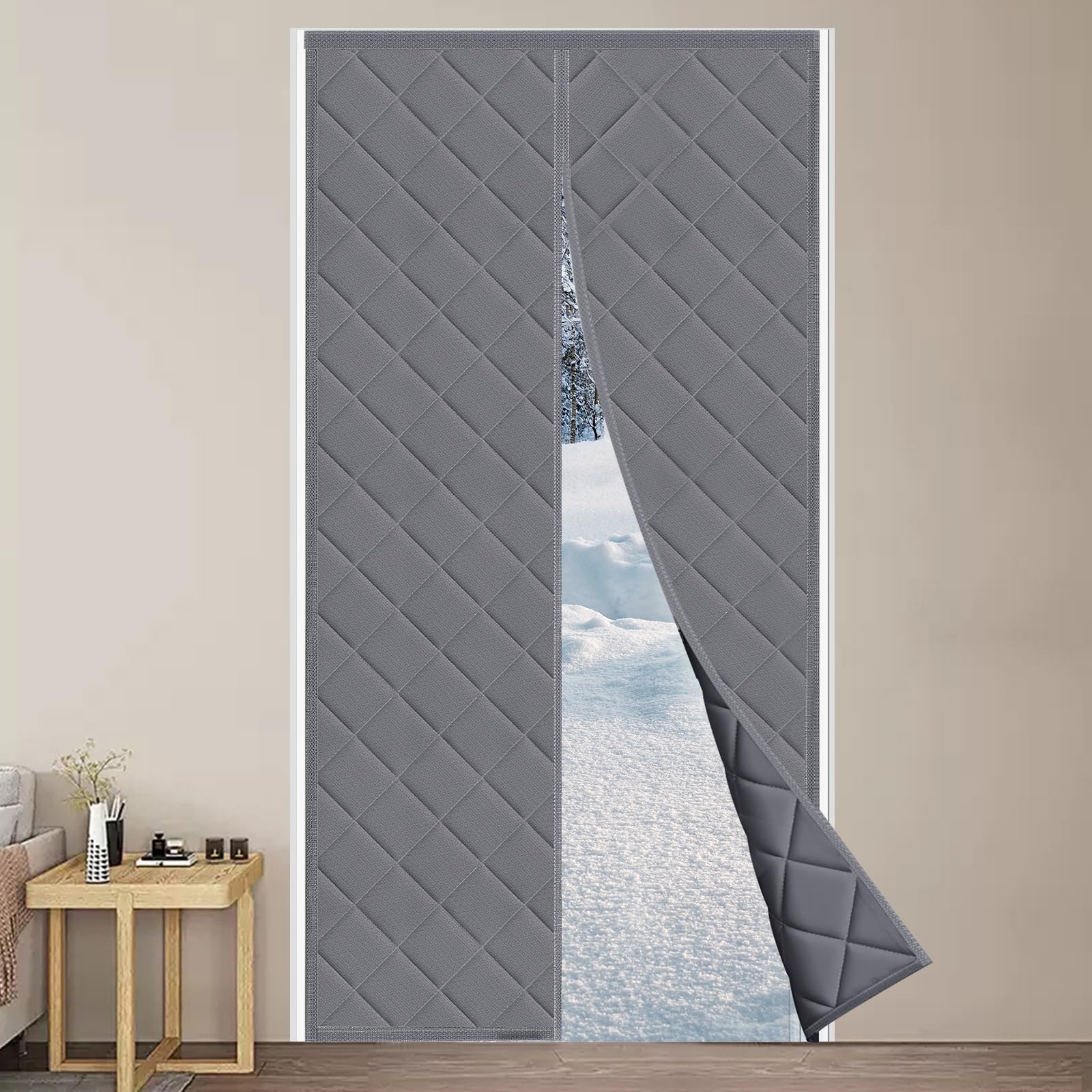 Cortina de Puerta Magnética con Aislamiento Térmico Magnética Cortina de Puerta Autoabsorbente para Balcón Sala Estar, Impermeable Insonorizante Aislamiento, Algodón Oxford Espesado (Gris, 200*90cm)