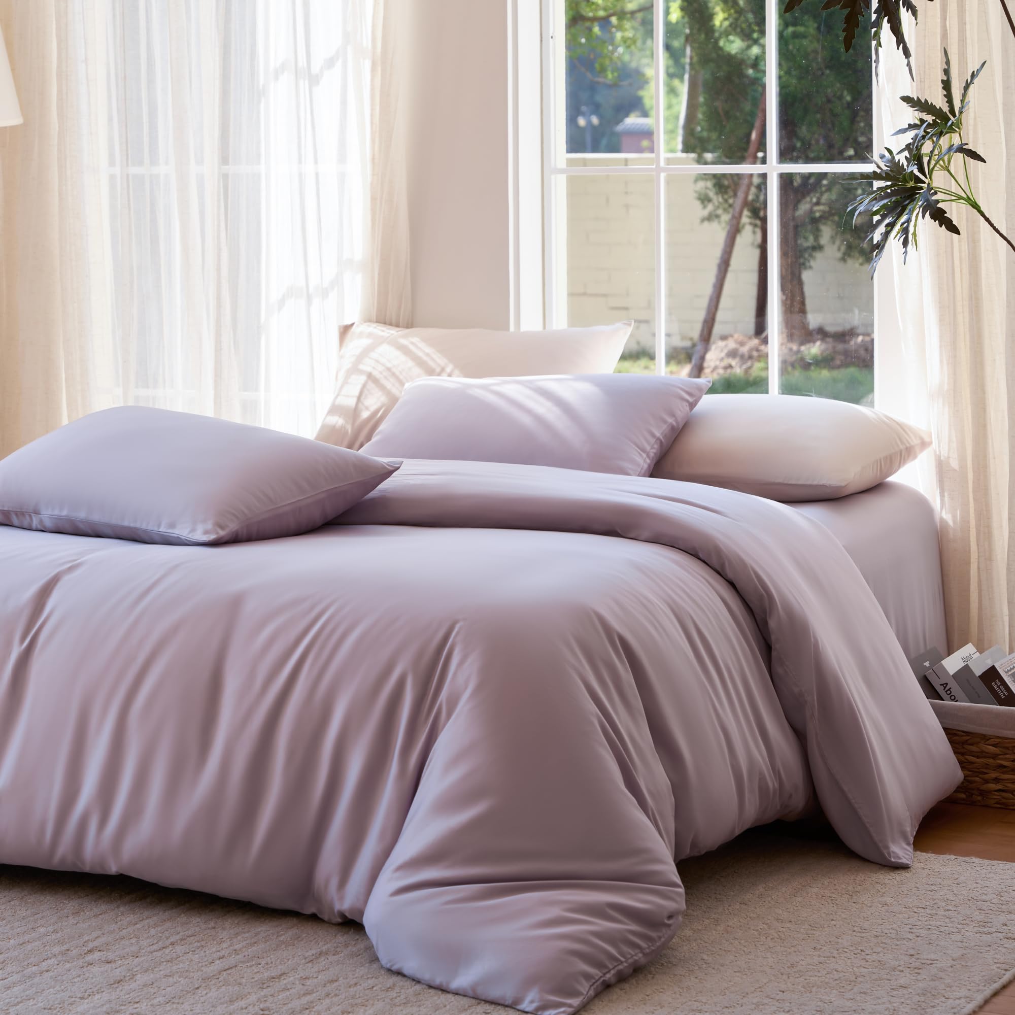 Photo 1 of DOZ Duvet Cover Set, 100% Viscose derived from Bamboo, Organically Grown, Buttery Soft, Cooling Duvet Covers, High GSM, 1 Duvet Cover and 2 Pillowcases, 90"x90" (Lavender, Full/Queen)