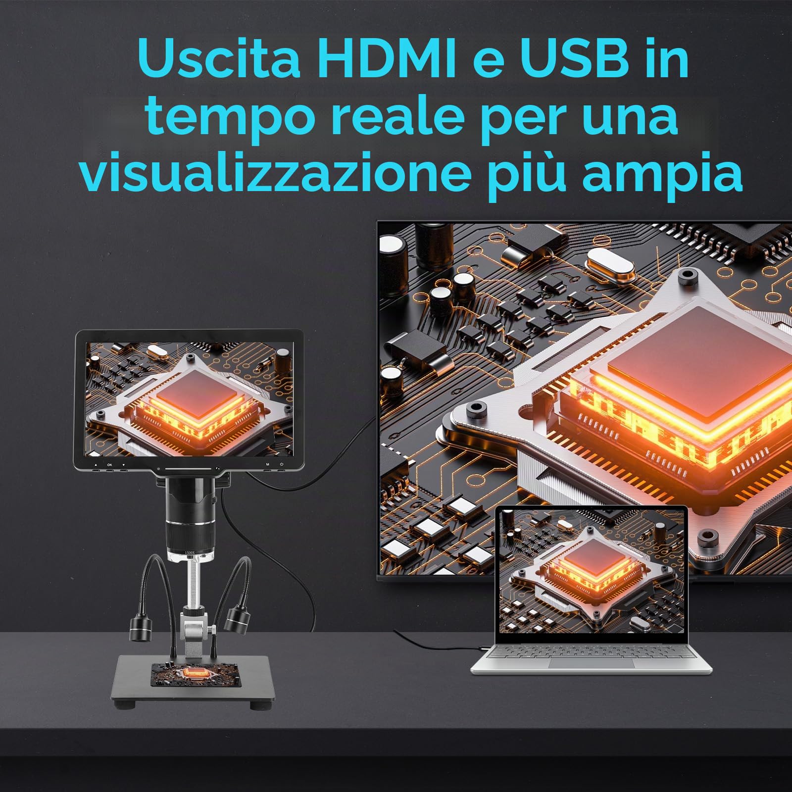 Microscopio digitale Pro con display IPS da 10,1 pollici, 3 obiettivi (1000X-2500X) per saldatura e biologia, fotocamera 2K, anello luminoso a 144 LED, HDMI/USB, 32 GB per bambini e professionisti