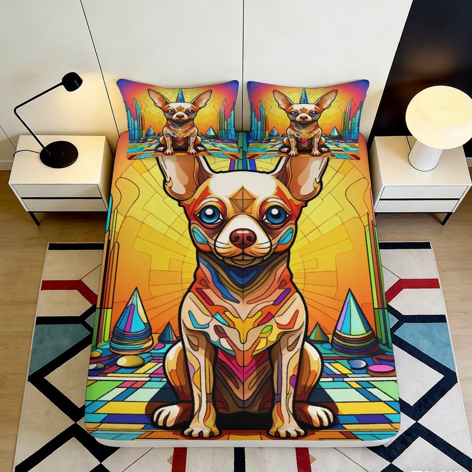 3D Printed Colorful Chihuahua Fitted Sheet Microfiber Soft Breathable Geometric Dog Bed Cover for Bedroom Dormitory Guest Room Mattress Protection 120x200x25cm