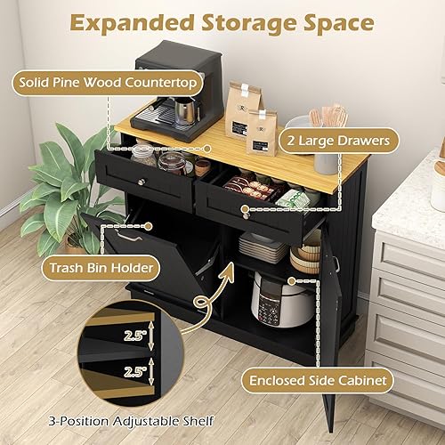 Miniatura 4 de Armario de basura inclinable, isla de cocina con 2 cajones y estante ajustable, encimera de madera de goma, cesta de lavandería independiente,