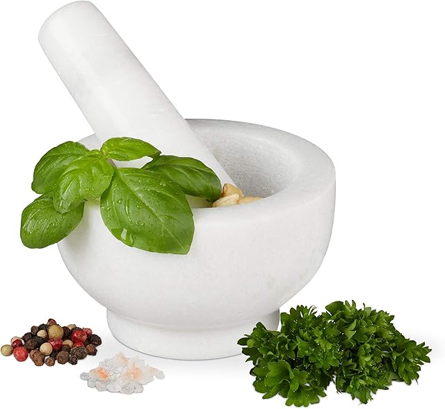 Relaxdays Marmurowy moździerz z tłuczkiem, wytrzymały i trwały, przyprawy, zioła, polerowany zaprawy kamienne, Ø 10 cm, pojemność 120 ml, biały