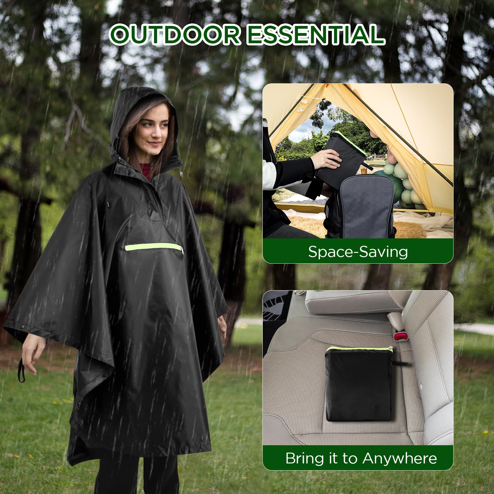 AiQInu Poncho Antipioggia Impermeabile, Leggero e Riutilizzabile, con Cappuccio, Nastro Riflettente e Maniche, per Donna e Uomo, per Attività All'Aperto, Campeggio, Escursionismo, Pesca