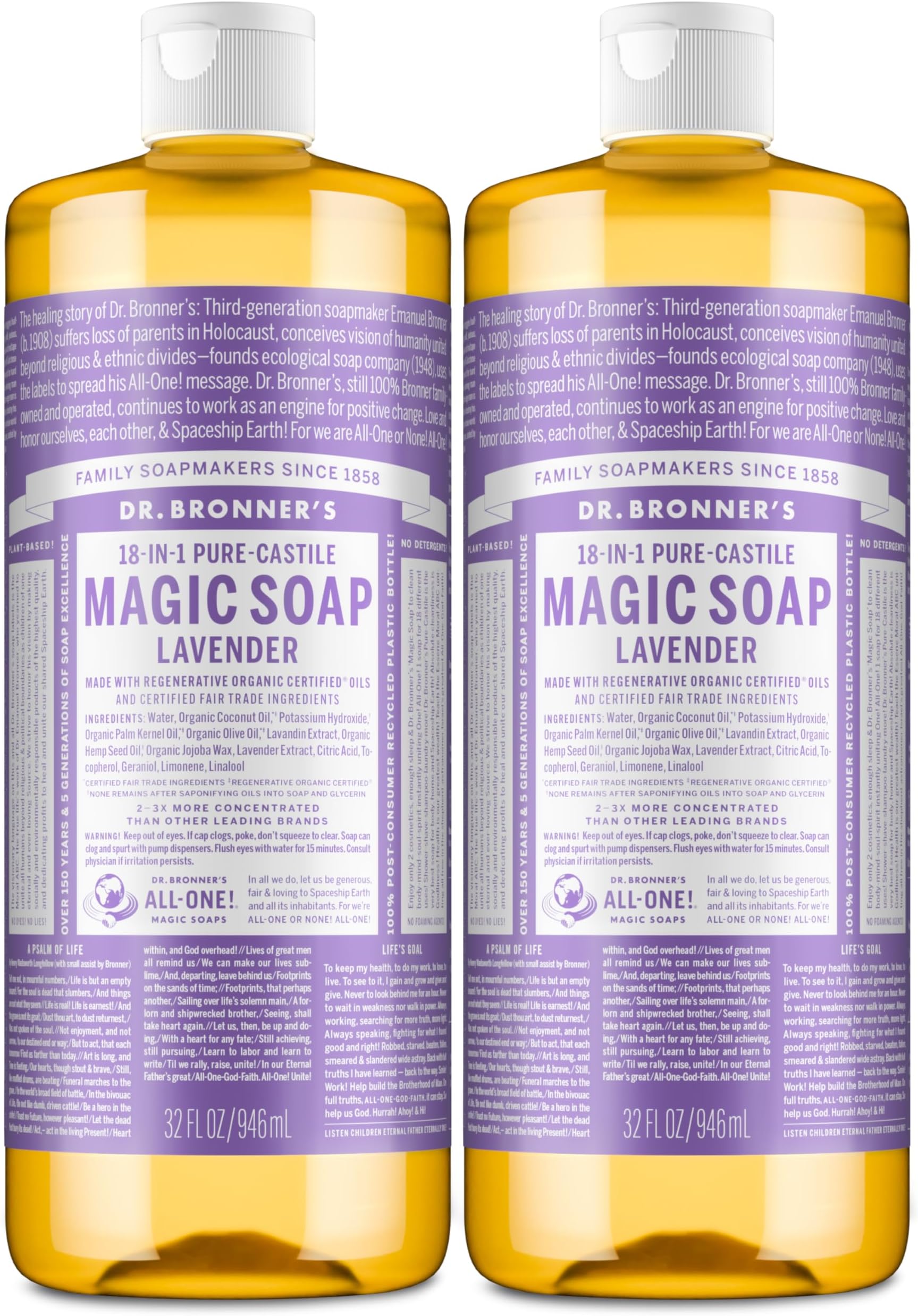 Dr. Bronner's Magic Soap - Pure-Castile Liquid Soap (Lavender, 32 ounce, 2-Pack) -Regenerative Organic Certified Oils, 18-in-1 Uses: Body, Hair, Laundry, Pets & Dishes, Concentrated, Vegan, Non-GMO