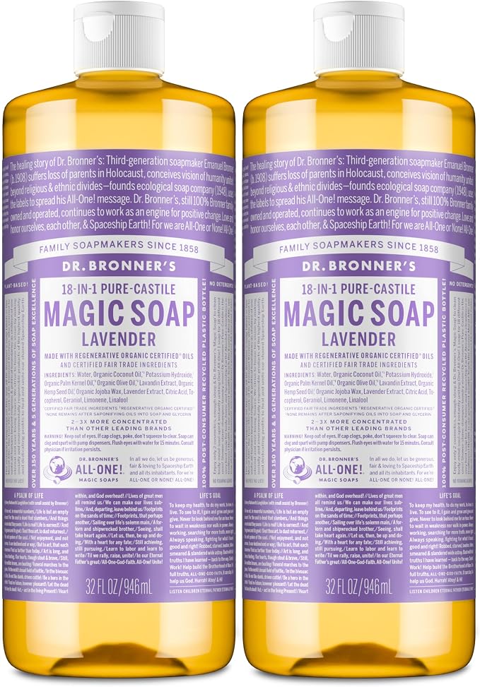 Dr. Bronner's Magic Soap - Pure-Castile Liquid Soap (Lavender, 32 ounce, 2-Pack) -Regenerative Organic Certified Oils, 18-in-1 Uses: Body, Hair, Laundry, Pets & Dishes, Concentrated, Vegan, Non-GMO