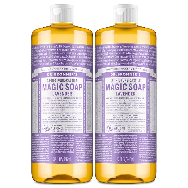 Dr Bronners Magic Soap - Pure-Castile Liquid Soap Lavender 32 ounce 2-Pack -Regenerative Organic Certified Oils 18-in-1 Uses