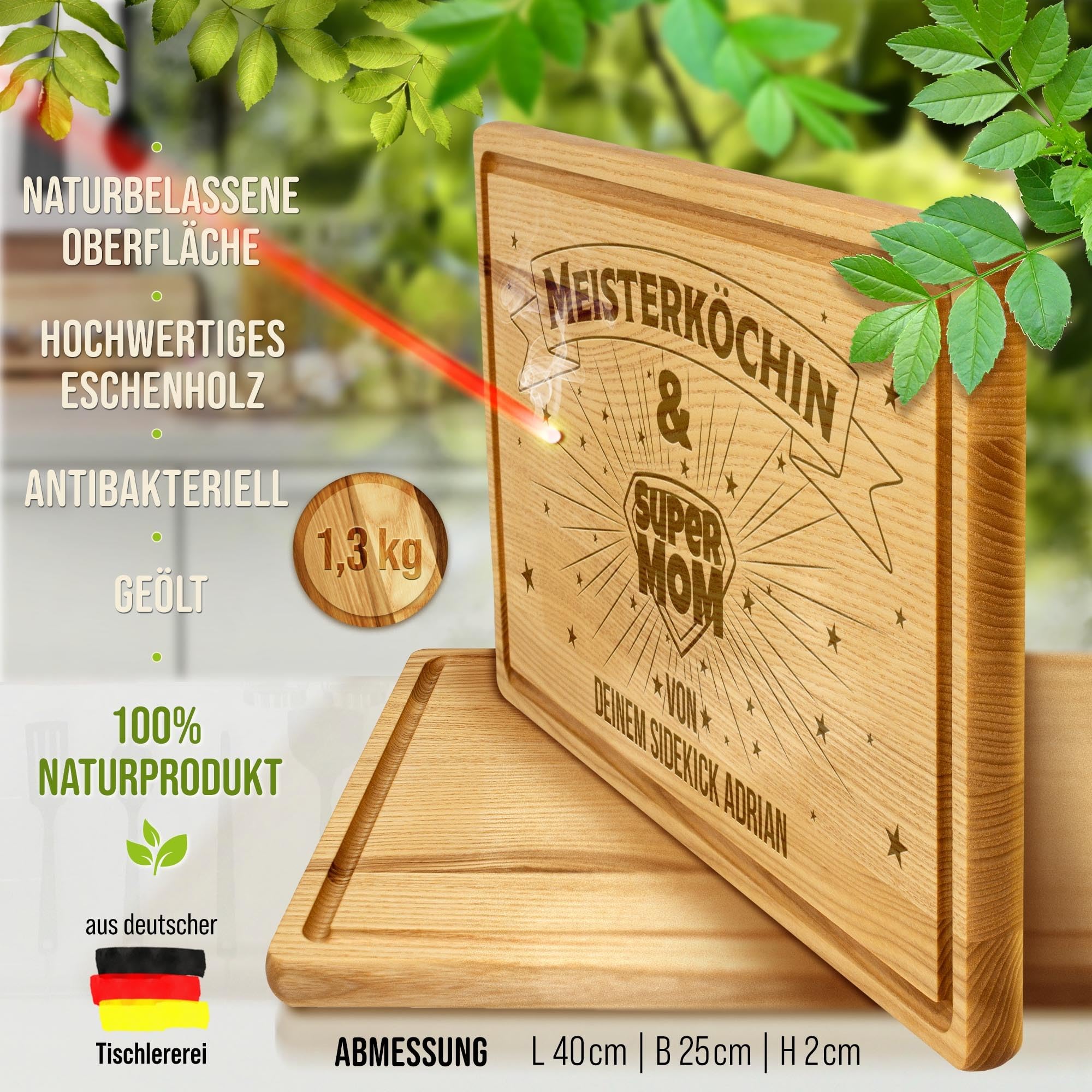 PR Print Royal Großes Holzbrett mit Gravur und Name - Meisterköchin, Super Mom - Personalisiertes Geschenk für Mama zum Geburtstag, Muttertag - Schneidebrett Eschenholz, 40 x 25 x 2 cm