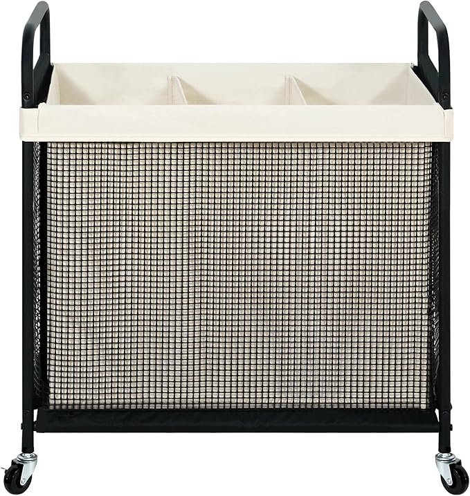 STO STO Laundry Hamper 3 Section, 120L Rolling Laundry Sorter Cart with Removable and Washable Liner Bag, Rolling Clothes Hamper with Metal Handle for Laundry Room and Bedroom