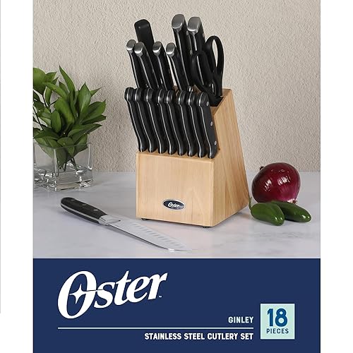 Miniatura 2 de Oster Ginley Juego de 18 cuchillos de cocina de acero inoxidable de alto carbono con ABS triple remachado forjado mango bloque de madera - negro -