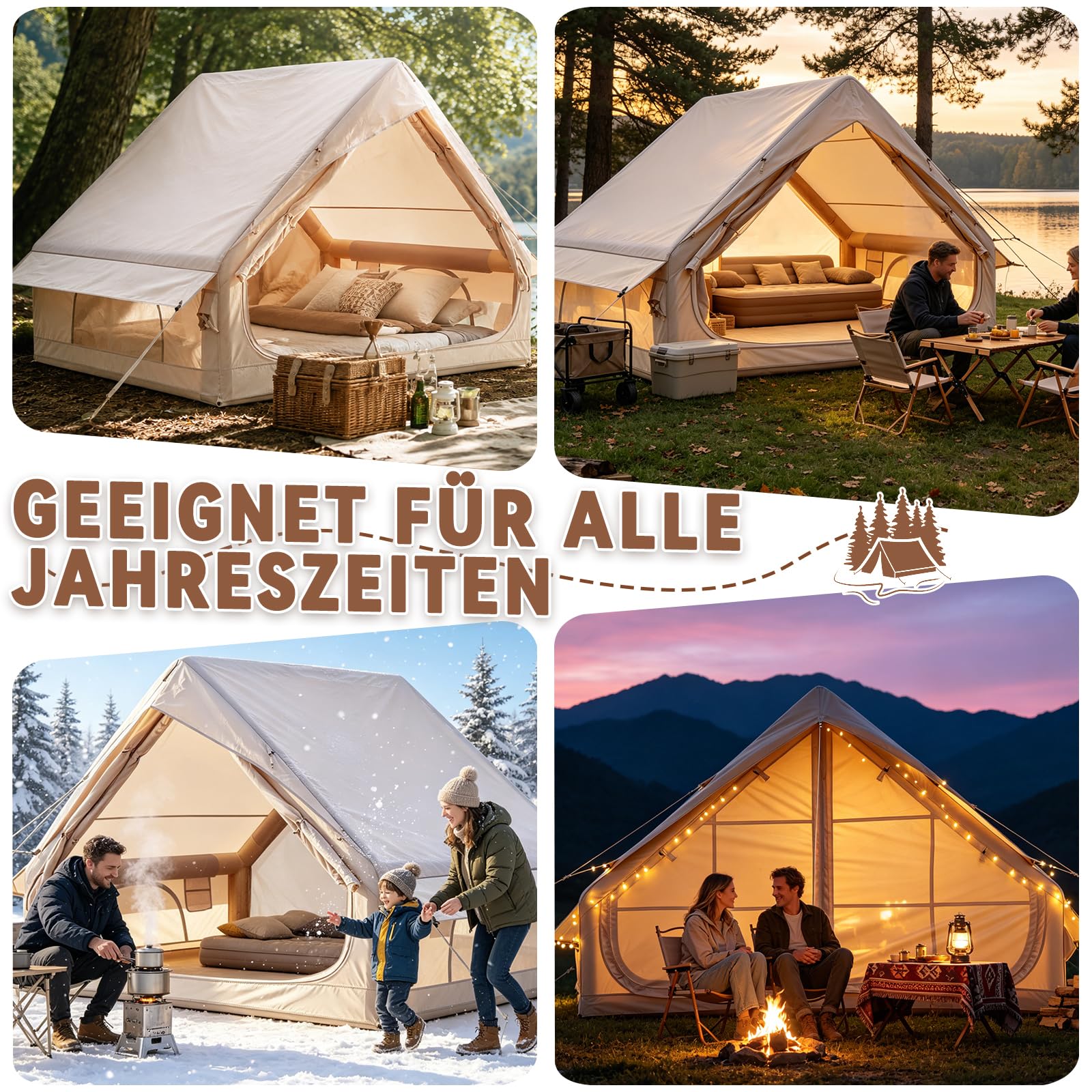 Aufblasbares Campingzelt mit Kaminöffnung & Dachfenster, für 2-10 Personen, wasserdichter Oxford-Stoff, Luftpumpe