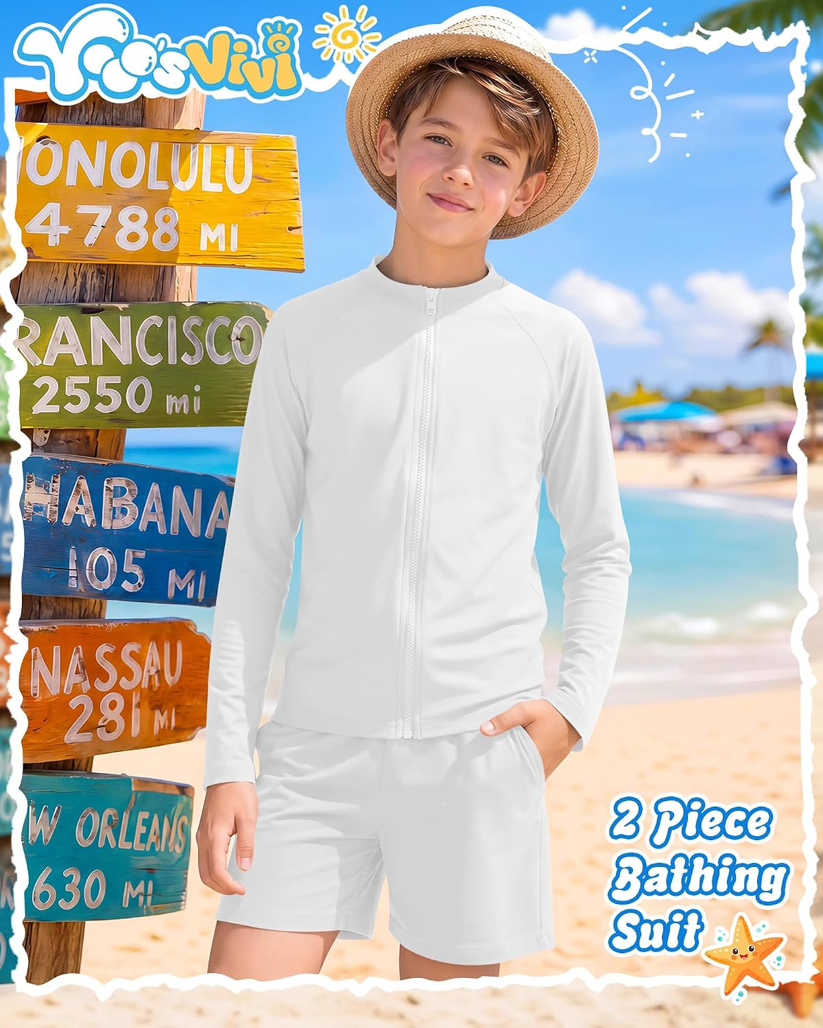 Yooo's Vivi Boys Rash Guard Swimsuits UPF 50+ Long Sleeve Swim Shirts with Trunks Quick Dry Two Pieces Bathing Suits
