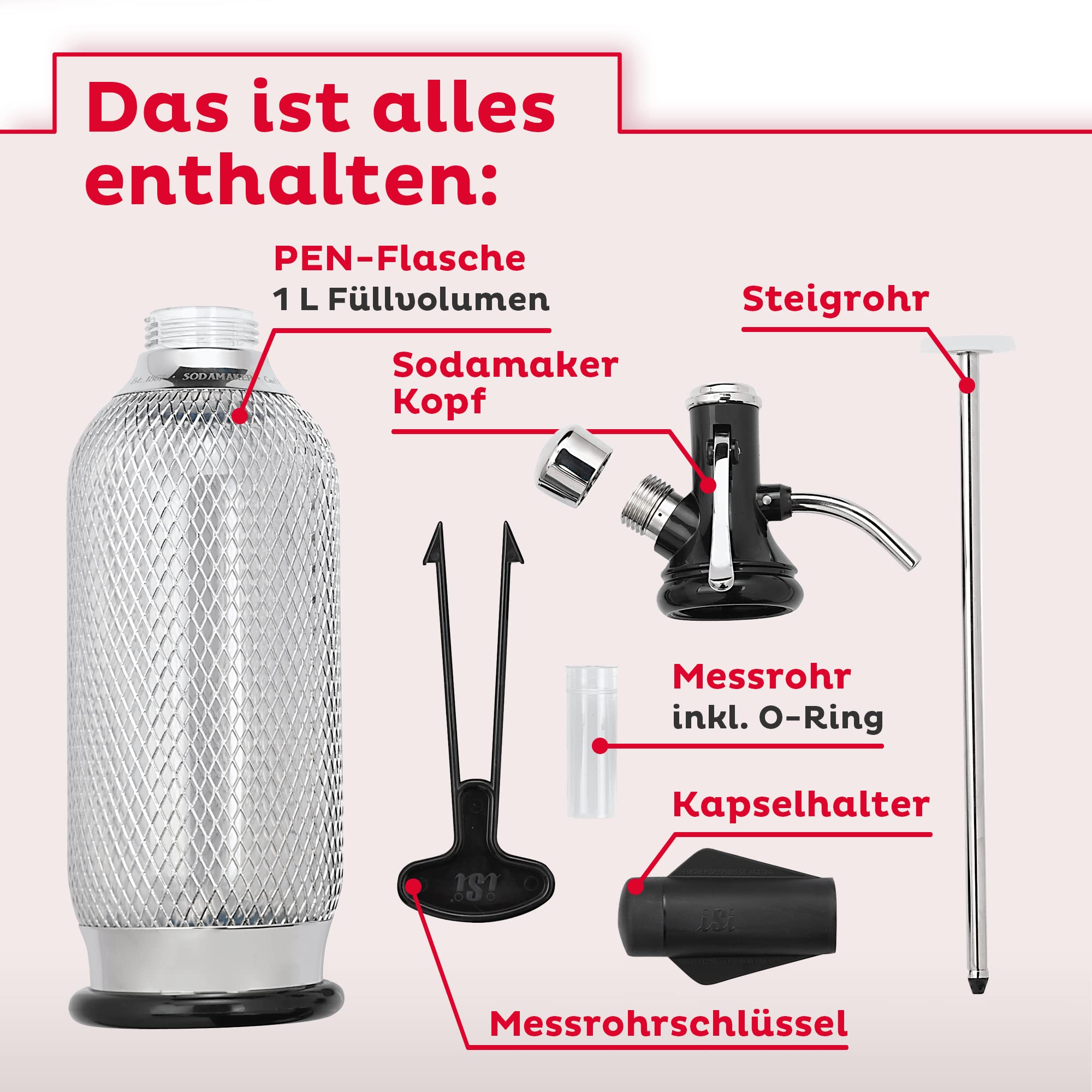 ISI Soda Maker Classic 1L inkl. 6 x 10 CO2 Kapseln für Soda & Sprudel - Vintage Wassersprudler Set aus PEN-Flasche mit 100% Edelstahlgewebe + CO2 Kartuschen - Wasser Sprudler - Bar Zubehör