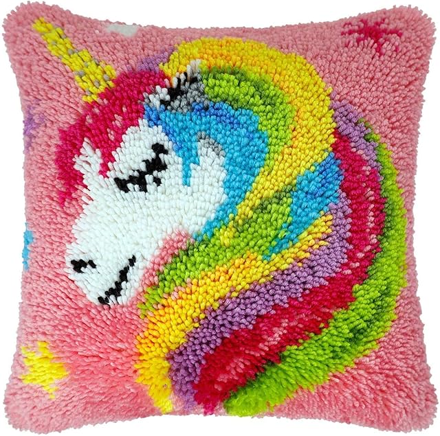 Latch Hook Unicorn Cushion Kits, DIY Latch Hook Unicorn Pillowcase Embroidery Kits for Beginners Adults Kids, Latch Hook Cushion Cover Needlework Crafts for Home Decor, Unicorn, 43 X 43 cm - Unicorn