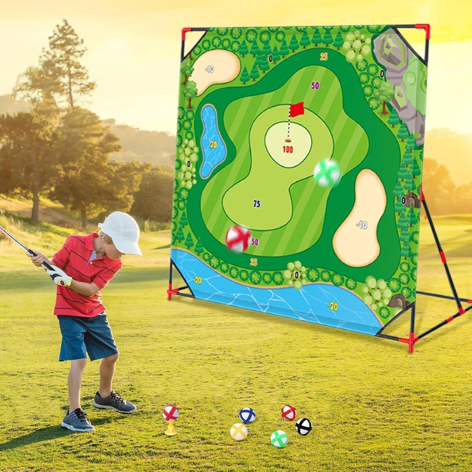 Juego de Golf Interior y Exterior para Niños y Adultos, Set Completo con Alfombra de Golpeo y Pared de Objetivo, Fomenta la Actividad Física, Coordinación y Habilidades de Golf