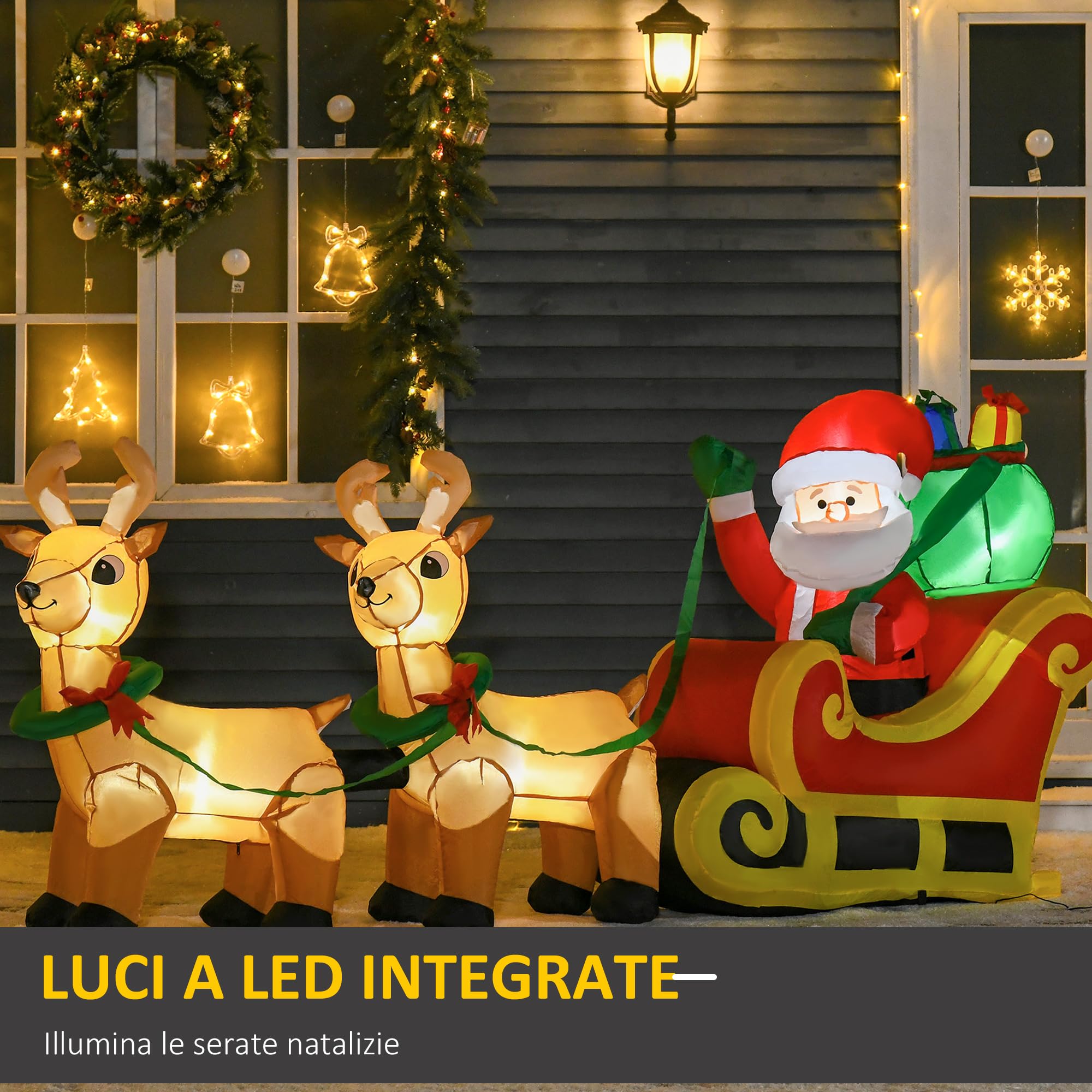 HOMCOM Babbo Natale Gonfiabile con Slitta e 2 Renne a LED 240x57x112cm