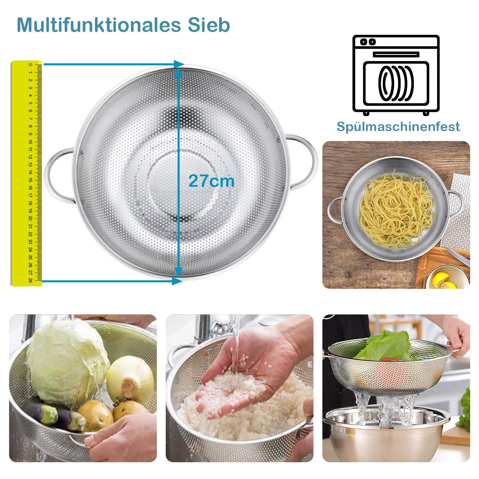 HaWare - Colino da cucina in acciaio inox con manico, Ø 28 cm, grande scolapasta microforato, per scolapiatti e risciacquo di cucina/pasta/verdure/frutta/riso, lavabile in lavastoviglie