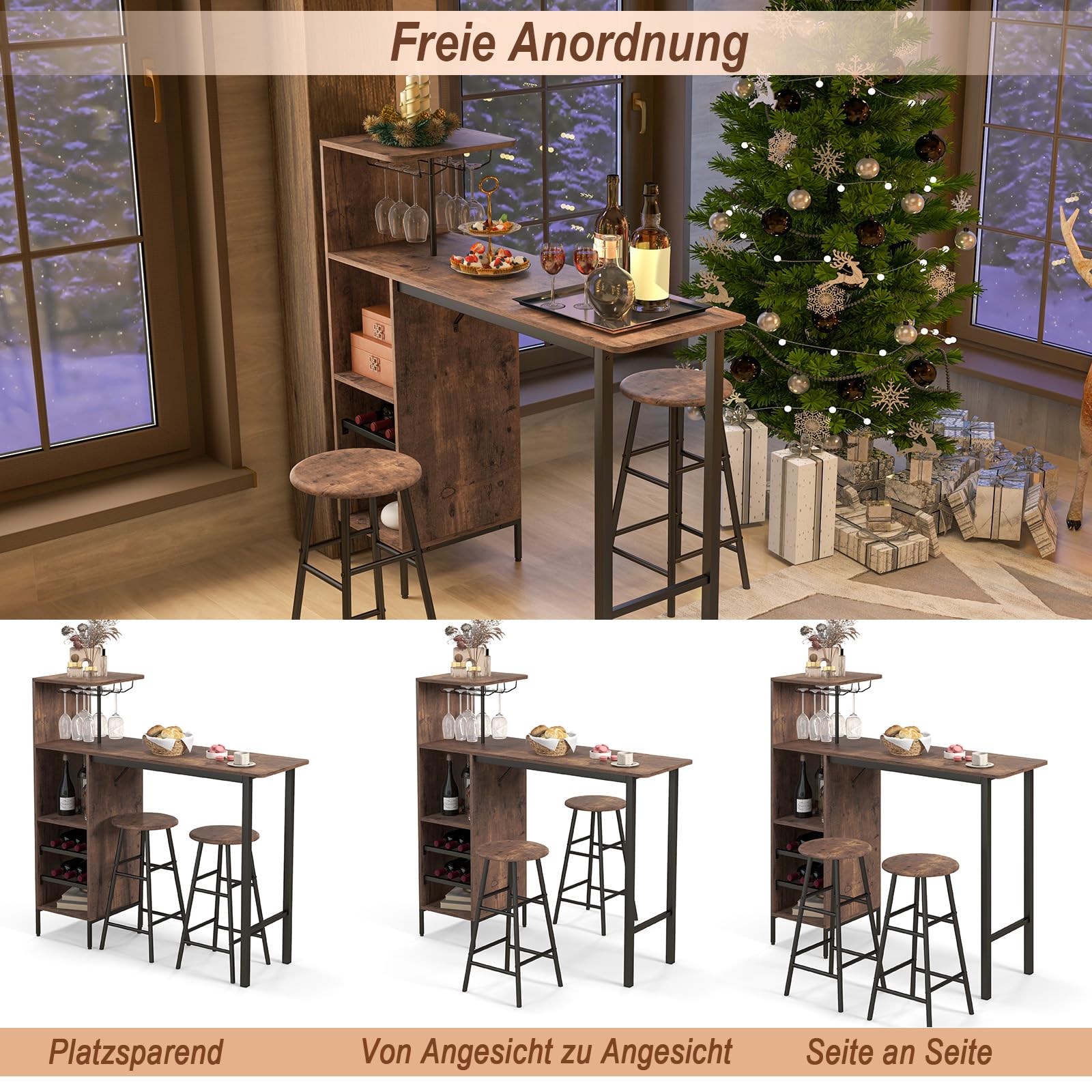 RELAX4LIFE Bartisch Set 3-Teilig, Esstisch mit 2 Barhockern, Thekentisch mit 3 Ablagen & 2-stufigem Weinregal & Glashalter, Bistrotisch Set mit Metallgestell, Essgruppe für 2 Personen (Kaffee)