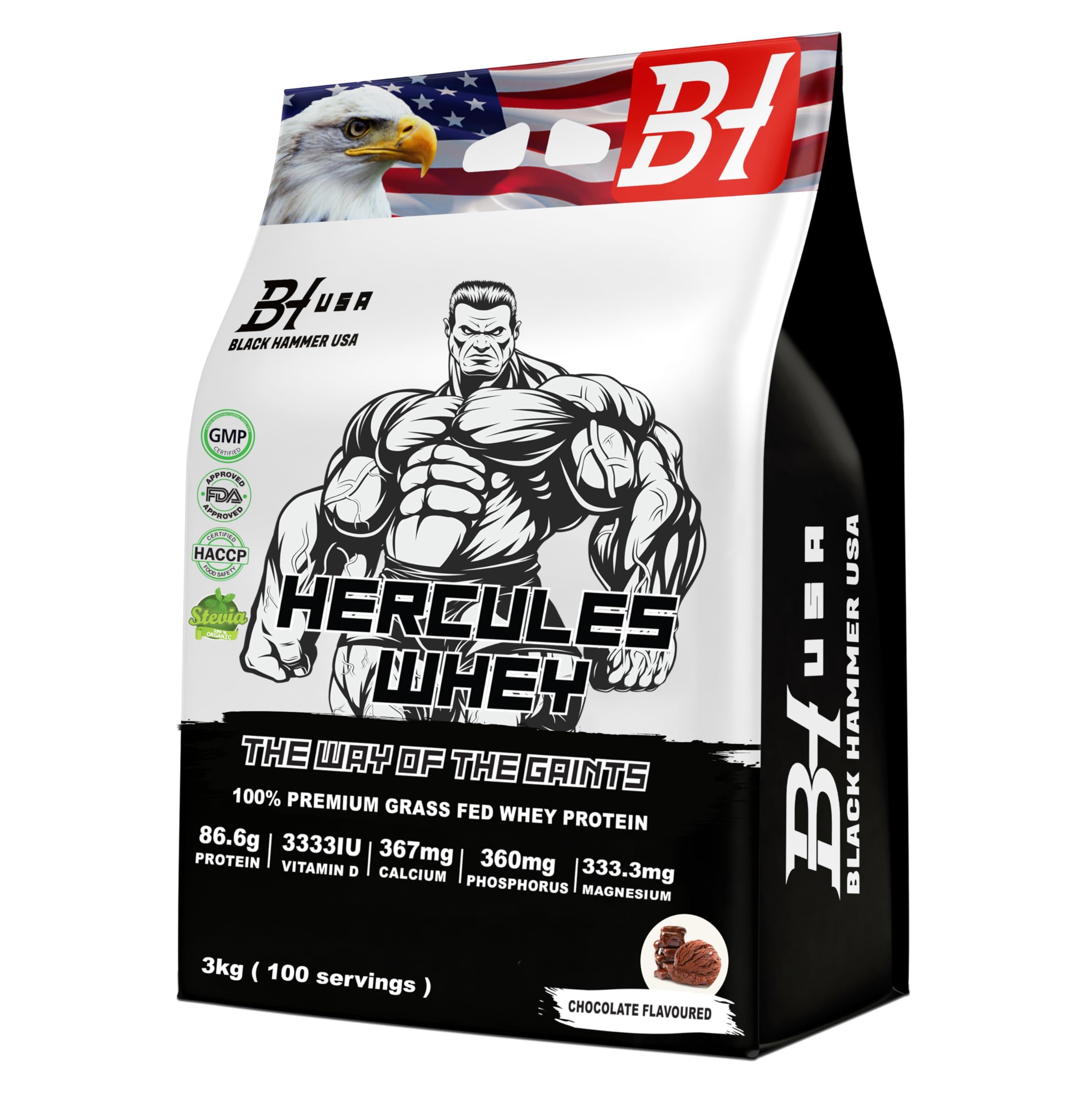 2-Pack Hercules Whey Protein 3KG Chocolate + Free Nano Creatine Apfel | 26g Protein per Serving | 200 Servings Total | Muscle Growth & Recovery | Black Hammer USA