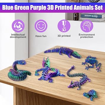 6PCS 3D Printed Animals, Joint Articulated 3D Printed Fidget Toys Animal Collectable for Adult Home and Office Decoration Gift (Blue Green Purple)