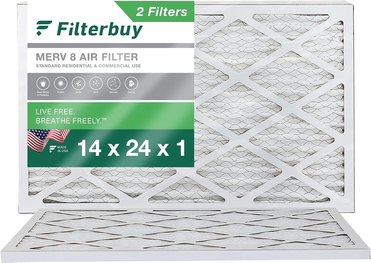 Filterbuy 14x24x1 Air Filter MERV 8 Dust Defense (2-Pack), Pleated HVAC AC Furnace Air Filters Replacement (Actual Size: 13.38 x 23.38 x 0.75 Inches)