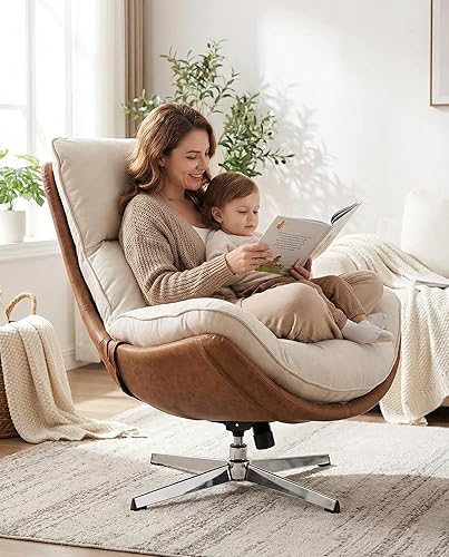 Miniatura 12 de LukeAlon Silla de Salón Giratoria Moderna de Lino, Silla de Acento Tapizada de Respaldo Alto con Base de Metal, Cómoda Silla Reclinable de Ocio Sofá