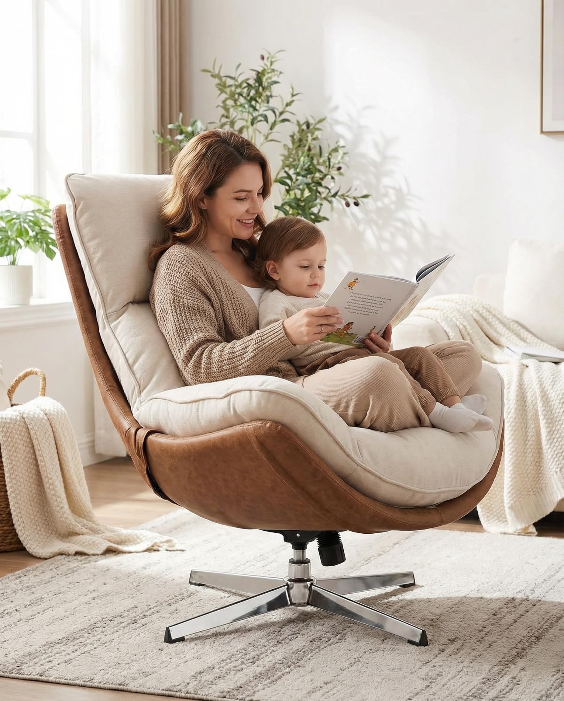 LukeAlon Linen Swivel Lounge Chair, Comfy Upholstered High Back Recliner with Metal Base for Living Room Office, Beige