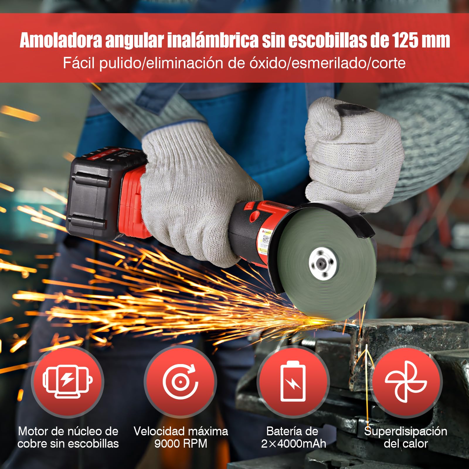 Geevorks 21V 125MM Amoladora Bateria, 9000RPM Amoladora Angular a Batería, | con 2 Baterías 4.0 Ah y Cargador Motor sin Escobillas Empuñadura Auxiliar Buena Disipación del Calor