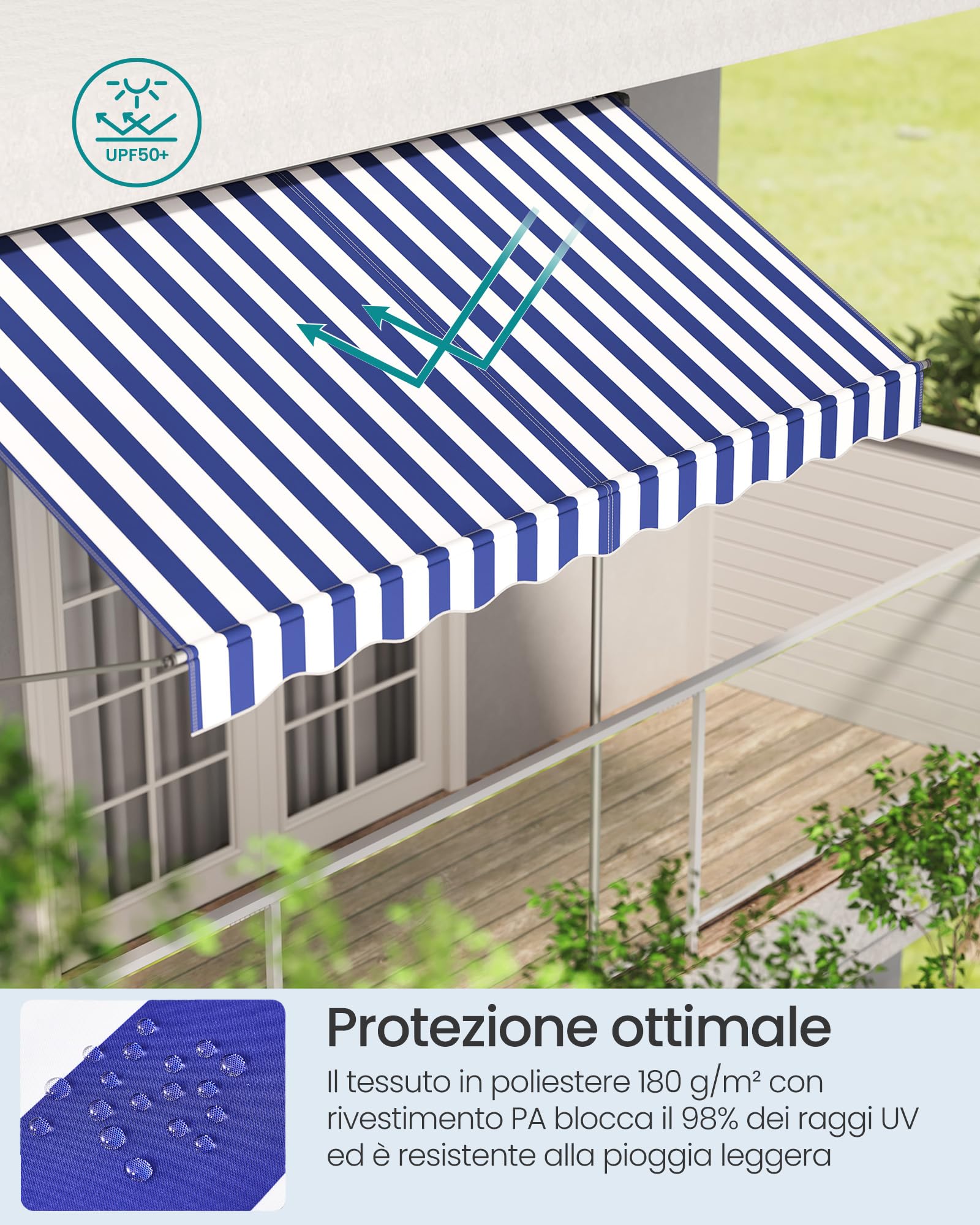 SONGMICS Tenda da Sole Avvolgibile, Tendalino Parasole Retrattile Manuale, Regolabile in Altezza con Manovella per Balcone Giardino Patio, 300 x 120 cm, Blu e Bianco GSA302QZ01