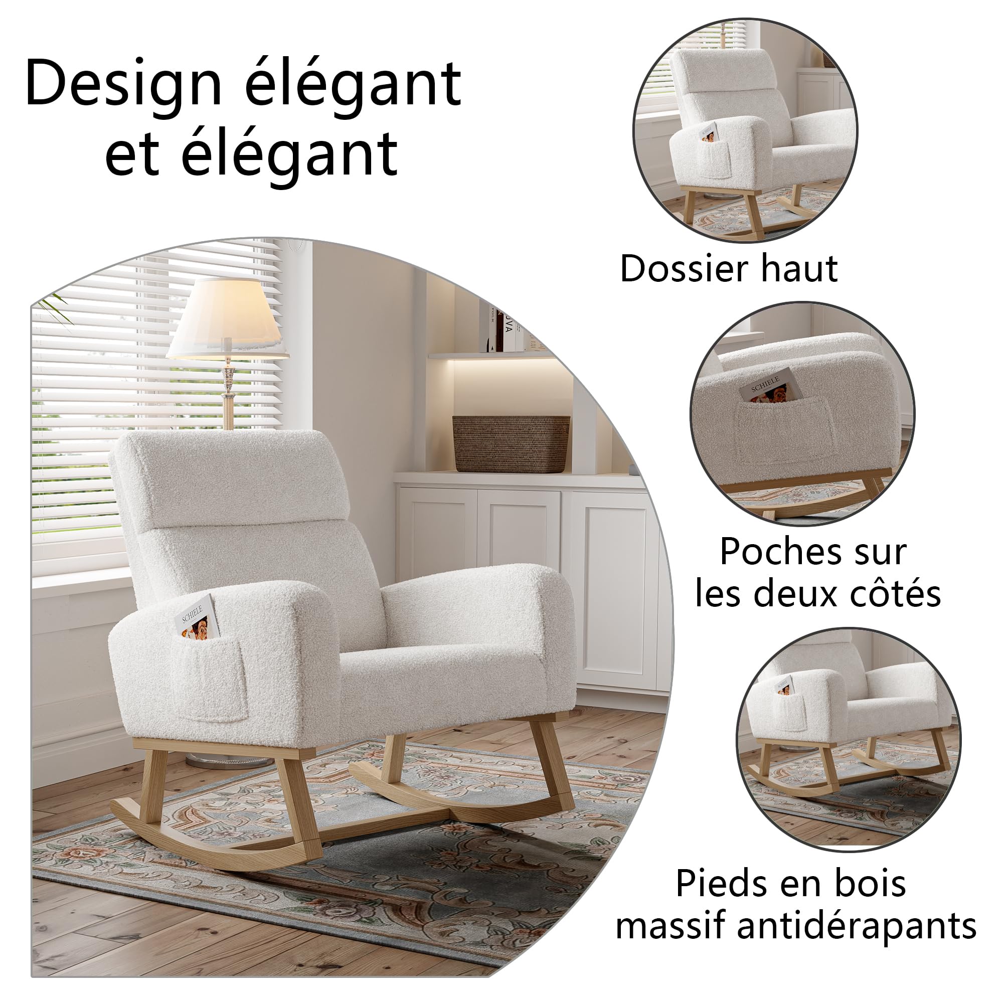 FEEOHOME Fotel bujany, fotel bujany, fotel do pokoju dziecięcego z drewnianymi nogami, fotel do karmienia piersią do sypialni i salonu (biały aksamit Teddy)