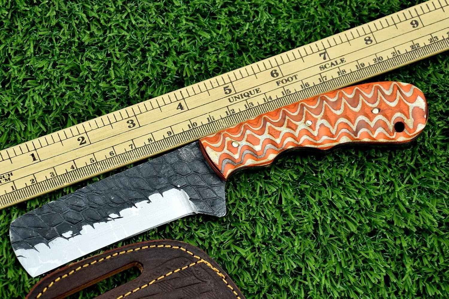 Generic 8.5 inches long tanto blade bull cutter knife, Hand forged Carbon steel blade with embossing, custom made jigged Micarta Multi color scale, Leather sheath with belt loops