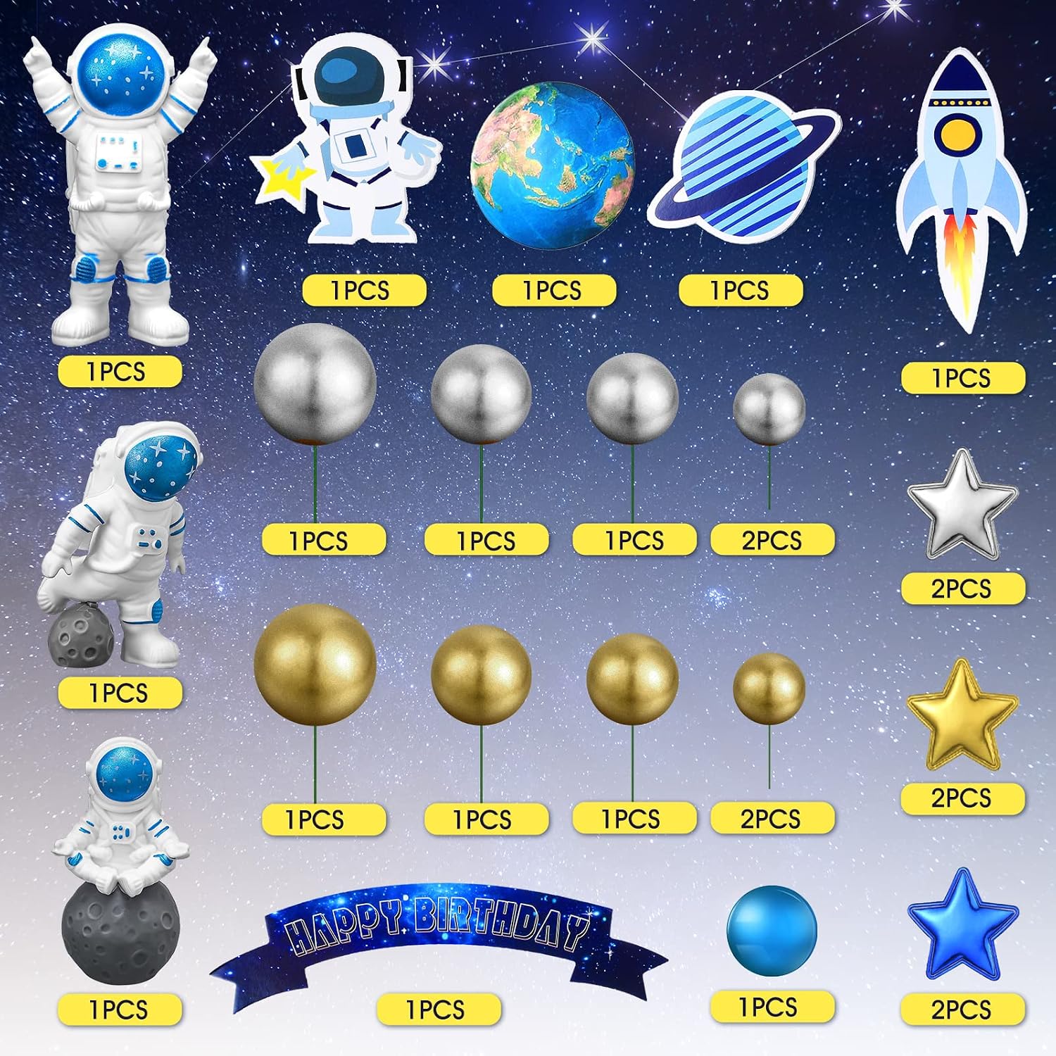 24 Pcs Astronaut Space Cake Toppers Outer Space Cake Toppers Decoration Astronaut Figurines Planet Rocket Satellite Pearl Balls and Stars Space Theme Decoration for Birthday Party Baby Shower (Blue)
