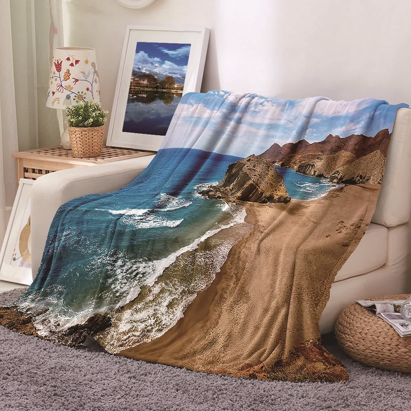 Couverture chaude hiver flannel 180x220cm lit canapé roches bleu brun