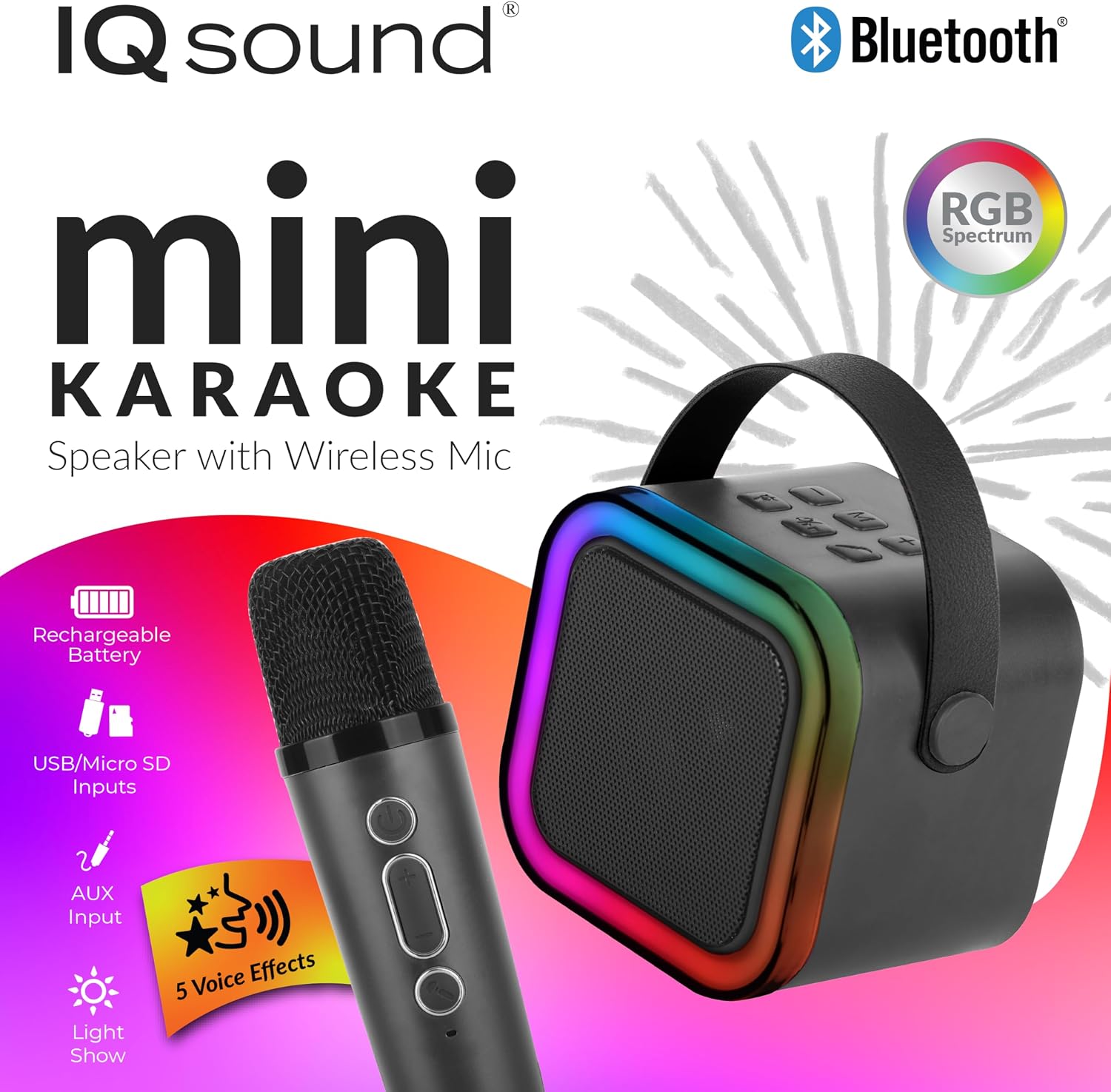 IQ SOUND IQ-708K Mini Karaoke Bluetooth Speaker with Wireless Mic, Colorful RGB Party Lights, 5 Voice Effects, Bluetooth 5.3, Perfect for Kids & Adults, Portable Speaker for Family Parties & Birthdays