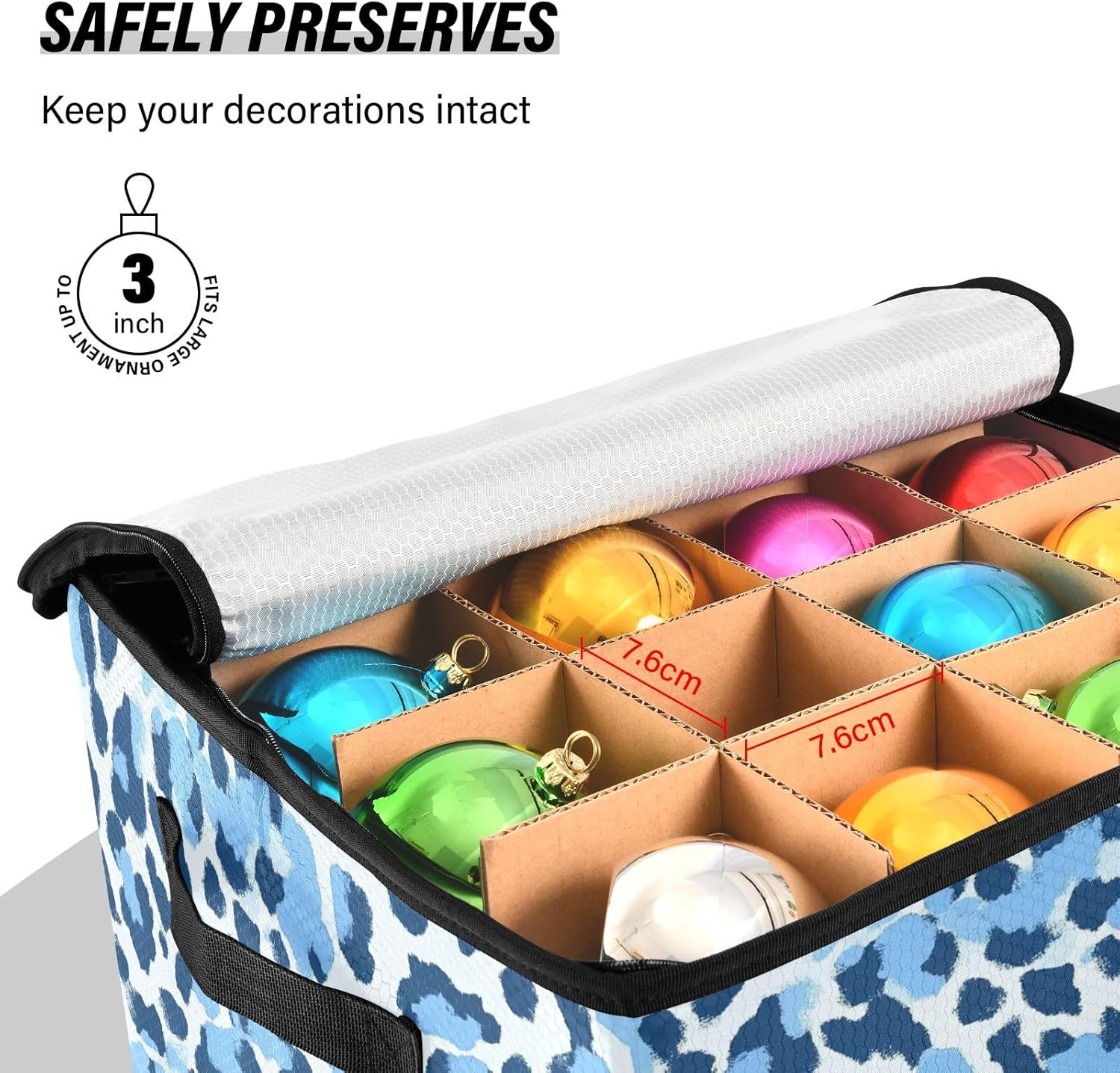 High Capacity Christmas ornament storage containers Holds Up to 64, Adjustable Dividers, Zippered Top, Two Handles sturdy Holiday Storage Case with Lid,Blue Summer Leopard Print