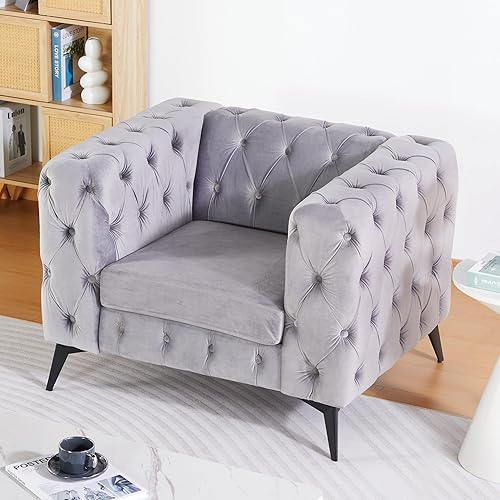 Miniatura 1 de Chesterfield - Silla moderna de terciopelo con botones y brazos cuadrados y patas de metal para sala de estar, dormitorio, oficina, apartamento