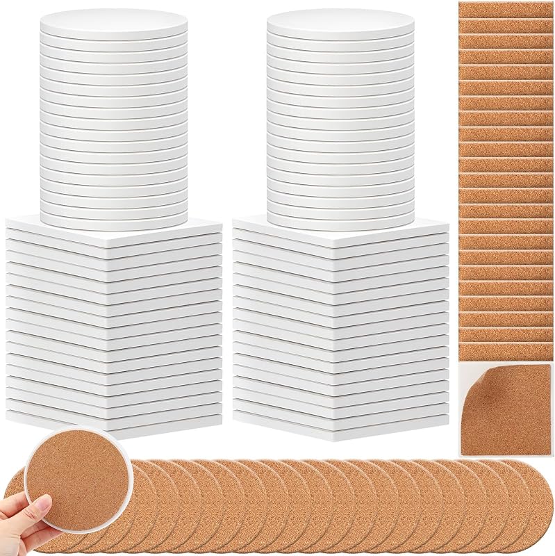 144 Pcs Ceramic Tiles for Crafts Coaster White Blank, Round, Square | Unglazed Ceramic Tiles with Cork Backing Pads for Alcohol Ink or Acrylic Pouring, Painting DIY Art Gift Project