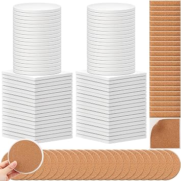 144 Pcs Ceramic Tiles for Crafts Coaster White Blank, Round, Square