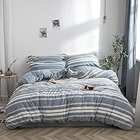 Vista 1 de BISELINA Juego de funda de edredón 100% algodón lavado con textura similar al lino teñido a rayas horizontales reversible, transpirable, suave