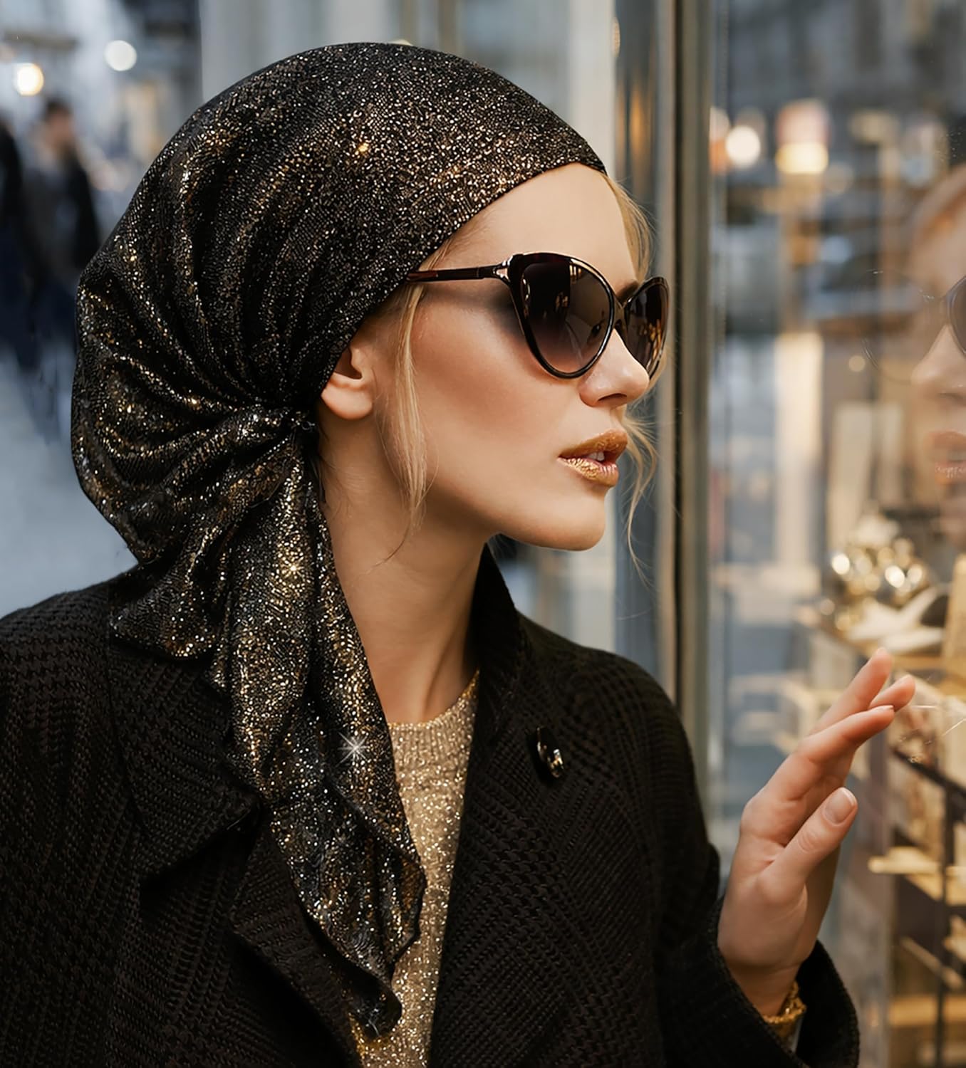 ShariRose Pre-tied headscarf tichel headwear for women textured knit with sparkles collection! Handmade