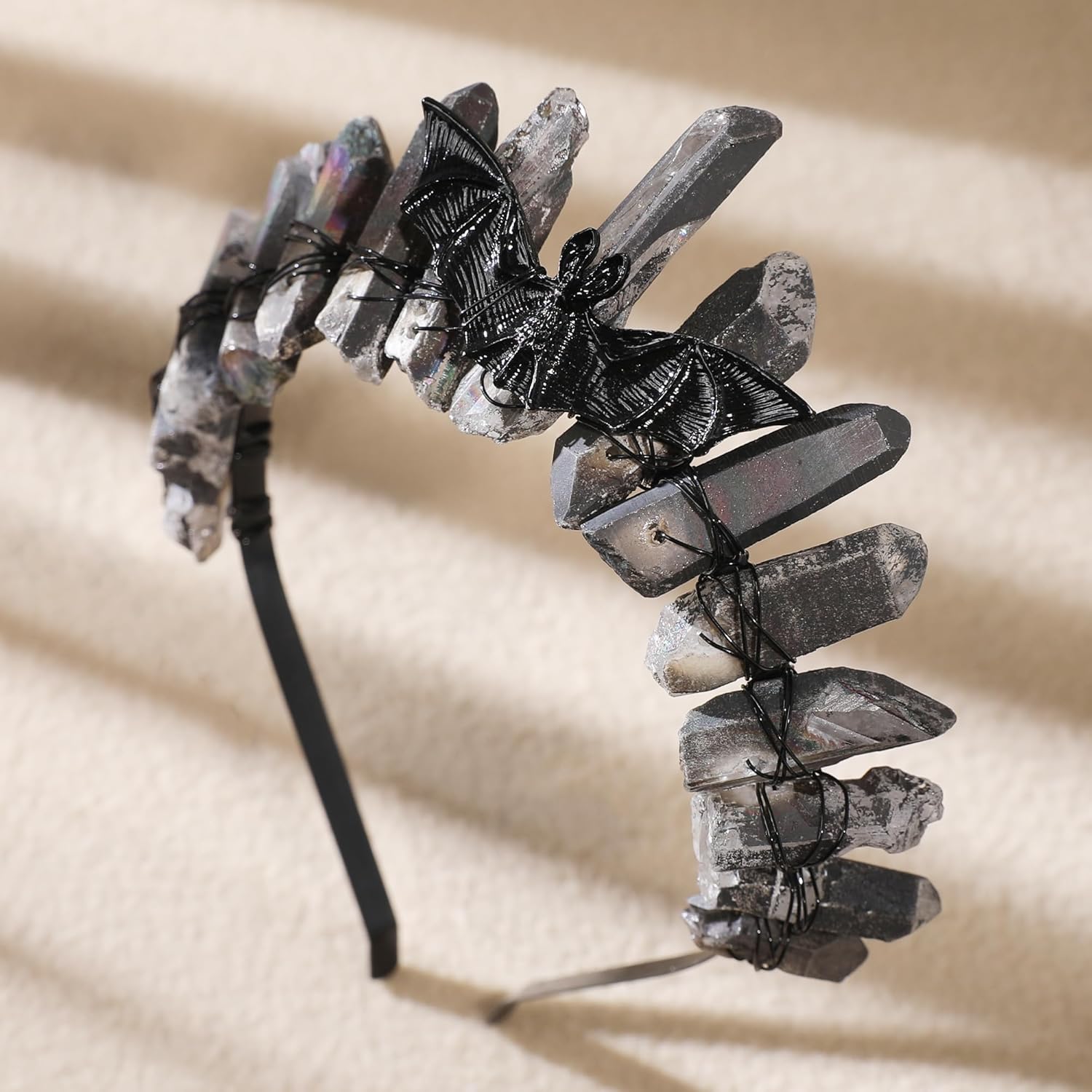 Crystal Crown for Women - Gothic Bat Elf Headband Raw Quartz Tiara Moon Headpiece for Witch Renaissance Halloween - Image 4