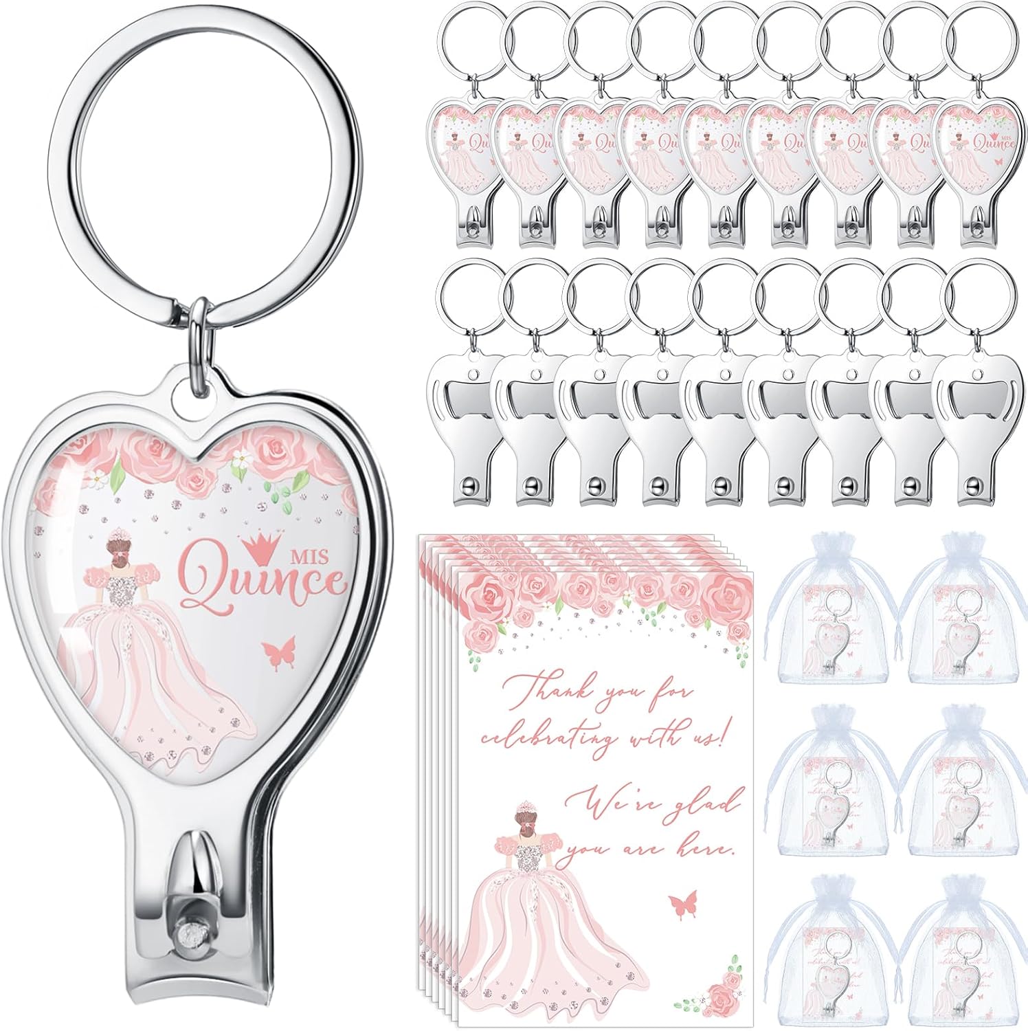 Landical 25 Sets Pink 15th Quinceanera Party Favors Includes Quince Keychain Bottle Opener Nail Clipper Thank You Cards Organza Bags for Guests Sweet 15 Birthday Party Adults Souvenirs