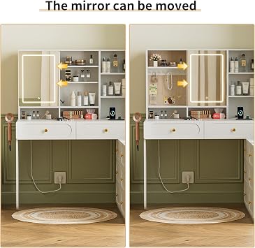 Dressing Table with LED Mirror, Vanity Desk with 3 Lighting Colours Mirror and Power Strip,L Shape Change Corner Makeup Table Storage with 2 Drawers,6 Chest of Drawers and 10 Open Shelves for Bedroom