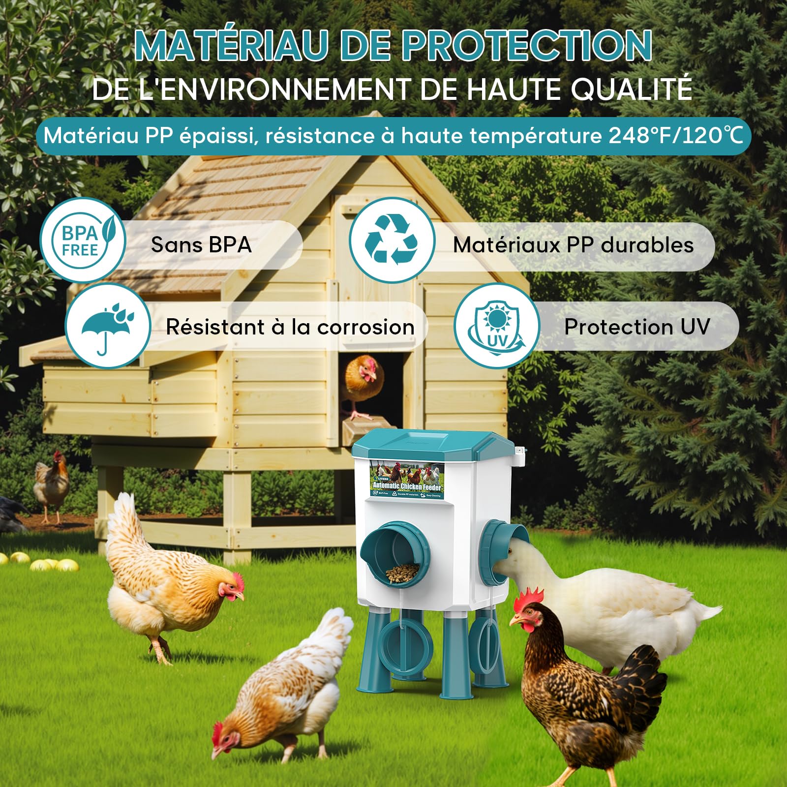 CHAMUTY 7kg Mangeoire Poule Automatique avec sans Gaspillage 2 Ports, Mangeoire Automatique Poule pour Poulets, Canards, Oies, Oiseaux