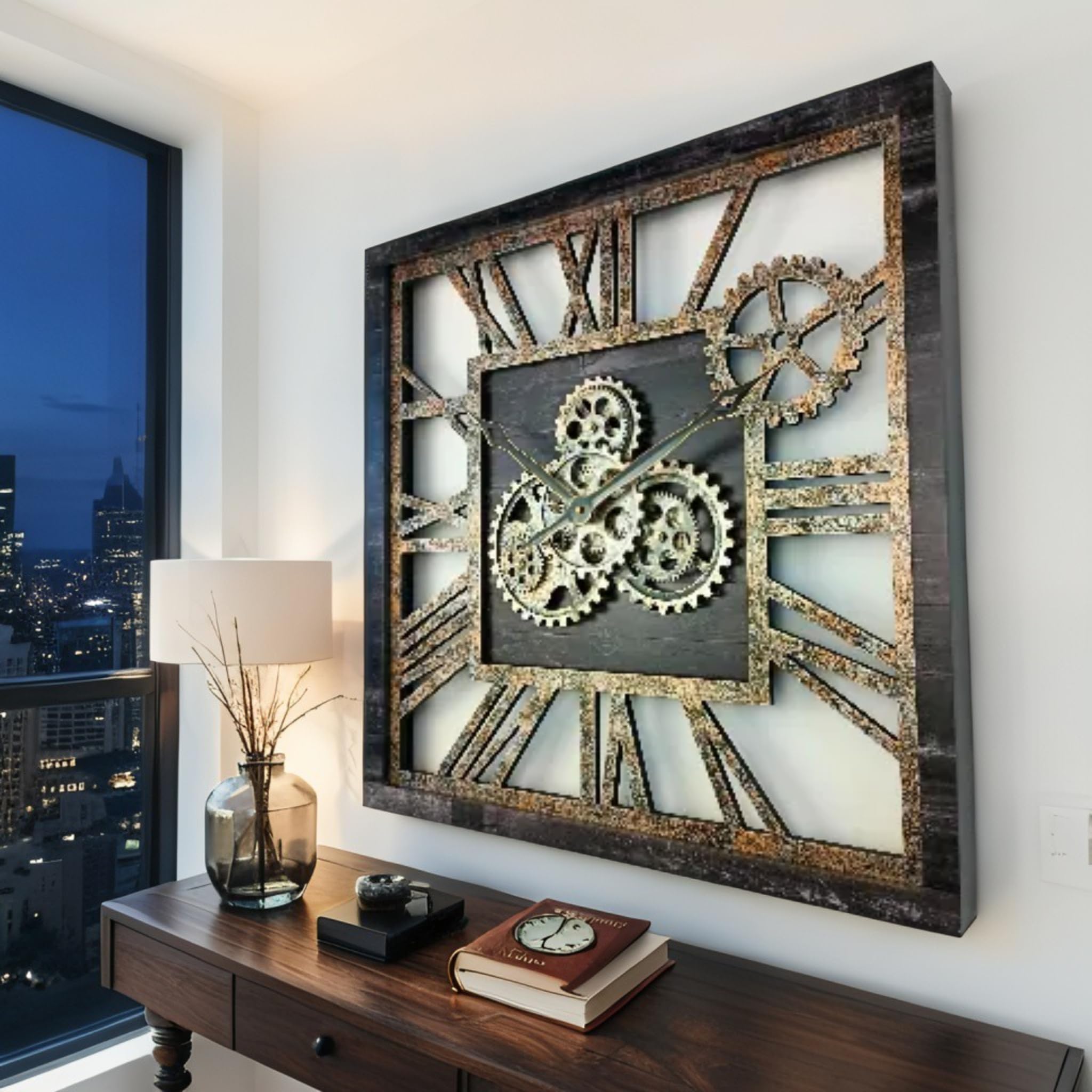 ImprovingLife The Gears Clock Horloge murale carrée de 61 cm à engrenages mobiles réels de style vintage industriel rustique surdimensionné (Noir vintage)