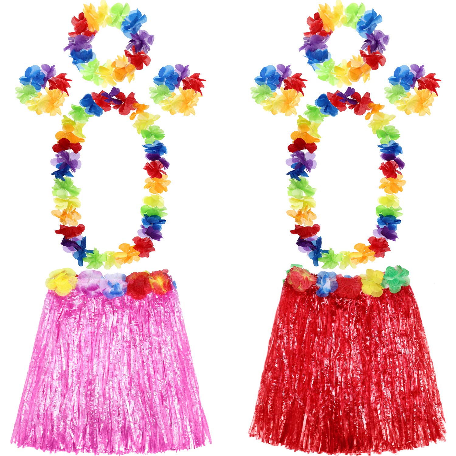 Shappy Hula Gonna In Erba Con Fiori Leis Costume Set, Elastico Luau Erba E Hawaiano Fiori Braccialetti, Fascia Per Capelli, Collana Per Festa Favori, 2 Set (Rosa, Rosso)-image