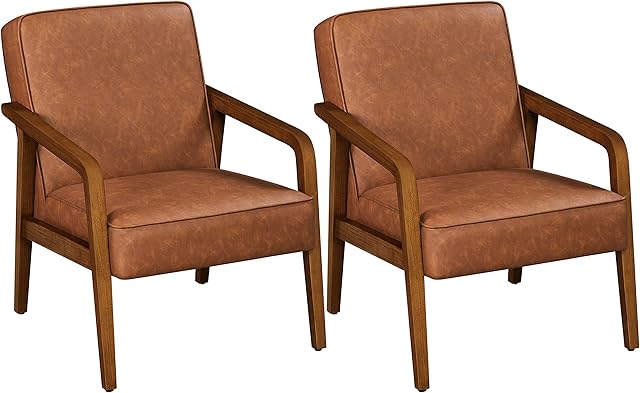 Yaheetech Tub Chair, PU Leather Armchair Modern Cozy Accent Chair with Wooden Frame for Living Room Bedroom Home Office, Set of 2, Light Brown