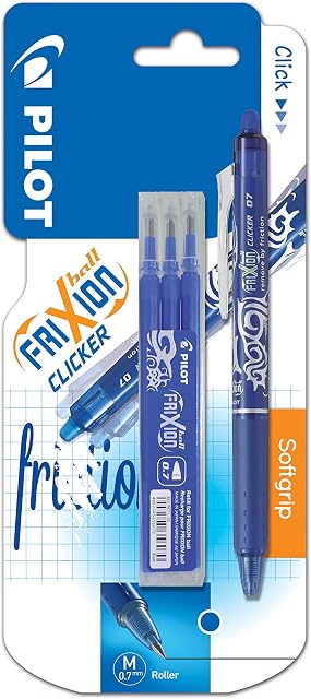 Pilot Frixion Clicker Erasable Retractable Rollerball 0.7 mm Tip Pen with Three Refills - Blue, Single Pen